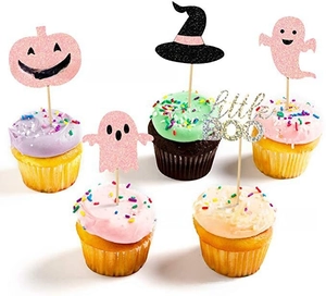 Pink glitter Halloween cupcake toppers featuring little boo text and ghost motifs