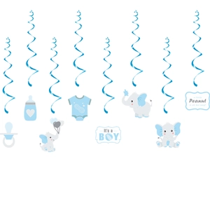 Blue elephant baby shower ceiling decorations with boy-themed spiral swirls and hanging cutouts