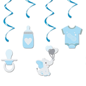 Blue elephant baby shower hanging swirls with bottle and onesie cutouts for boys party décor