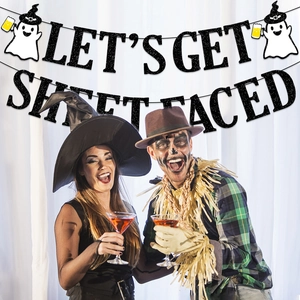Halloween black glitter 'Let's Get Sheet Faced' banner with ghost motifs for party decor