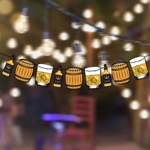 Whiskey party banner featuring 1982 vintage bottles, oak barrels, and ice glasses