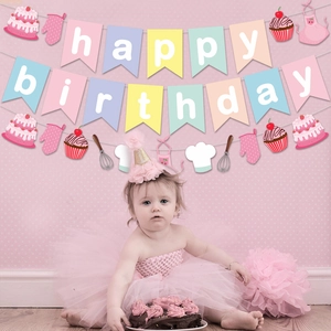 Baking theme happy birthday banner set with pink apron and cake decorations for girls