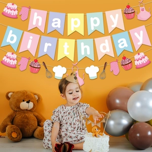 Baking theme girls birthday banner with apron and chef hat decorations for party