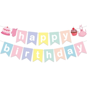 Pastel macaron Happy Birthday banner with baking themed cake and apron charms decorations