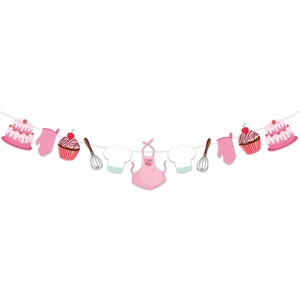 Baking theme birthday banner with cake, chef hat and apron decorations on white background