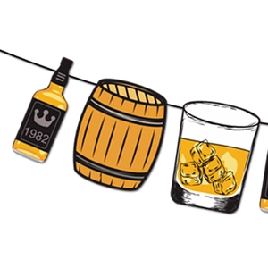 Whiskey party banner featuring 1982 bottle, barrel and glass graphics on white background