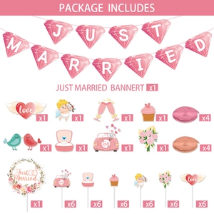 Wedding party decoration set with Just Married banner and rose gold swirl hanging ornaments