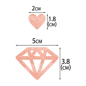 Rose gold glitter heart and diamond party decorations with detailed size dimensions