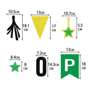 Size chart for Happy New Year banners with dimensions for glitter party flags and stars