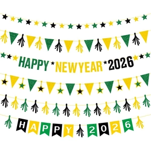 Happy New Year 2026 Banner Glitter Paper Garland Stars Triangle Flags Tassels Bunting For Party Decoration