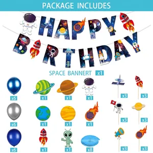 Outer space theme kids birthday party decoration set with banner and planet balloons