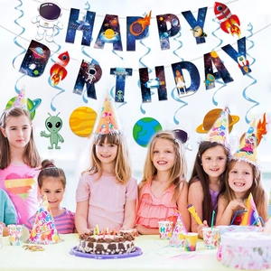 Detailed space theme birthday party kit featuring astronaut banners and planet spirals