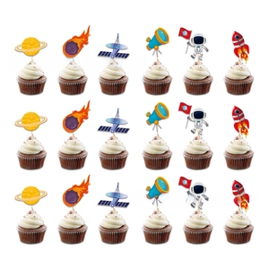 Detailed set of 18 space themed cupcake toppers featuring rockets and astronauts