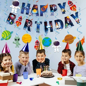 Space-themed birthday party decorations set featuring happy birthday banner and astronaut swirls