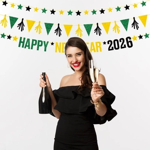 Festive Happy New Year 2026 banner set with star garlands for party atmosphere