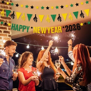 Glittery Happy New Year 2026 banner set with stars and tassels for outdoor party decor