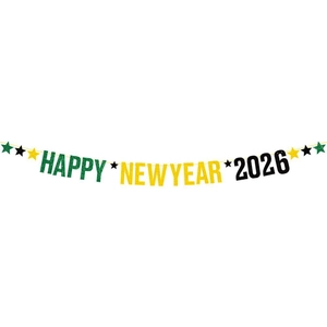 Happy New Year 2026 banner with green and yellow glitter stars for festive decoration