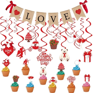 Valentine's Day Decoration Banner Burlap Paper Spiral Hanging Swirls Cupcake Toppers Heart Bear Love Theme