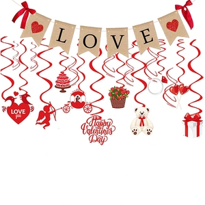 Valentine's Day party decoration set with burlap LOVE banner and red spiral swirl charms