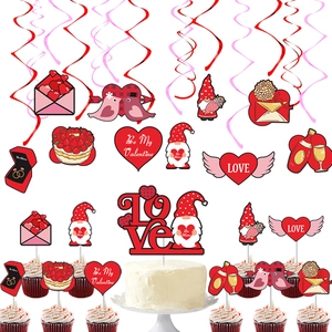 Valentine Day Party Decoration Gnome Heart LOVE Cake Toppers Hanging Swirls Banner Paper Wedding Romantic Decor
