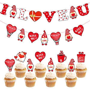 Decorazione di San Valentino Cartoncino Gnomo Cuore I Love You Banner Cupcake Topper Romantico Matrimonio Festa Pendente Spirale Ghirlanda
