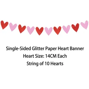Rote und rosa Glitzerherz-Girlande, 14cm Herzen für Valentinstag- oder Partydekoration
