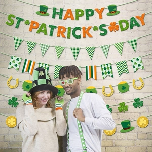 St. Patrick's Day party decoration set with clover banner, green hat and shamrock accessories