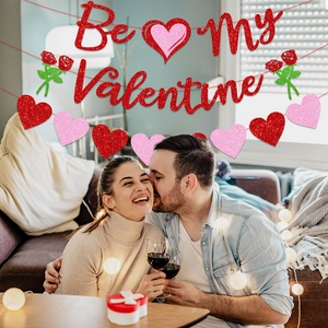 Glittery Be My Valentine banner with hearts and roses for romantic party decoration