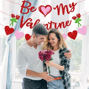 Glittery Be My Valentine banner with heart and rose decorations for Valentine's Day party