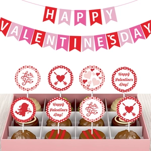 Happy Valentine's Day party decoration set with heart banners and cake toppers