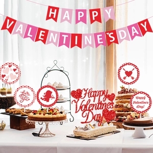 Valentine's Day party decor set with Happy Valentine's Day banner and cake toppers