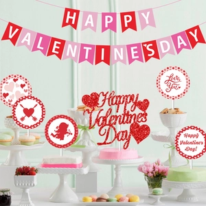 Happy Valentine's Day party decoration set with pink banner and glitter cake toppers