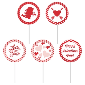 Detailed view of 5-piece Valentine's Day cake toppers with Cupid and heart designs