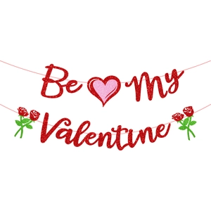 Sparkly Be My Valentine banner with glitter heart and red roses for romantic decoration