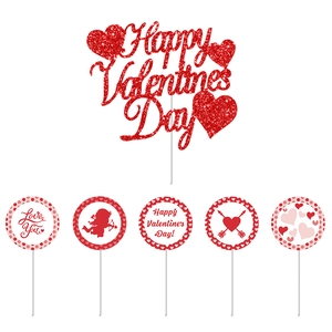 Red glitter Happy Valentines Day cake topper set with heart and cupid silhouettes