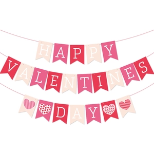 Three-tier Happy Valentines Day banner with pink and red swallowtail flags for party decor
