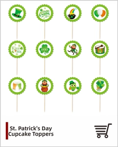 Set of 12 St. Patrick's Day cupcake toppers with lucky clovers and gold pot designs
