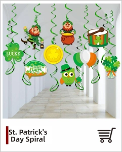 St. Patrick's Day hanging swirls with leprechaun, pot of gold and clover decorations