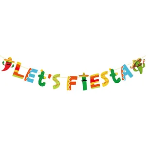 Colorful Let's Fiesta banner with chili cactus and sombrero for Mexican party decor