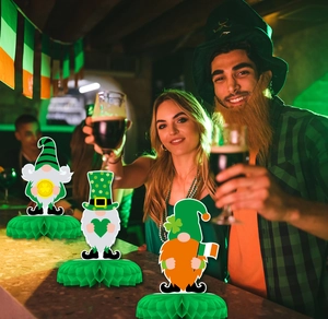 Saint Patrick's Day gnome honeycomb table centerpieces with shamrock and gold coin designs
