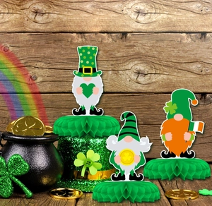 St. Patrick's Day gnome honeycomb centerpieces with shamrocks and gold coin pot on wood