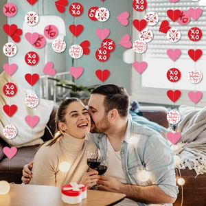 Romantic Valentine's Day party banner set with heart-shaped hanging garlands and banners