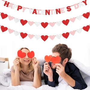 Detail of glitter Happy Valentine's Day banner and red pink silver heart garland set