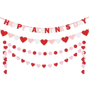 Valentine's Day Glitter Banner Set Happy Valentine's Day Pull Flag Heart Round Garland Party Wedding Indoor Wall Decoration