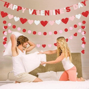 Glittery Happy Valentine's Day banner set with red heart and dot garlands for party decor