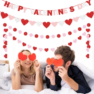 Glittery Happy Valentine's Day banner with red and pink heart garlands for party decor