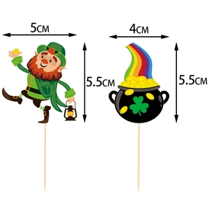 St. Patrick's Day cupcake toppers featuring leprechaun and rainbow pot of gold designs