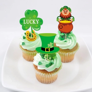 St. Patrick's Day cupcake toppers featuring Lucky shamrock and leprechaun motifs