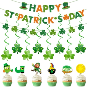 St. Patrick's Day Party Decorations Shamrock Leprechaun Banner Glitter Cake Toppers Hanging Swirls Irish Festival Ornament