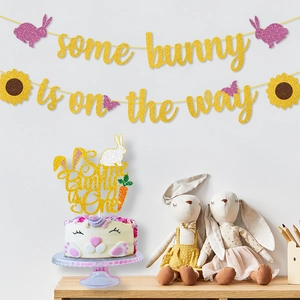 Golden glitter Some Bunny is on the Way banner and cake topper set for Easter party decor